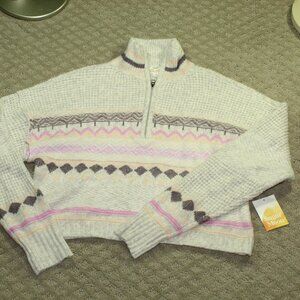 NWT Sugar Moon Women's XS Cream Grey Pink 1/4 Zip Sweater
